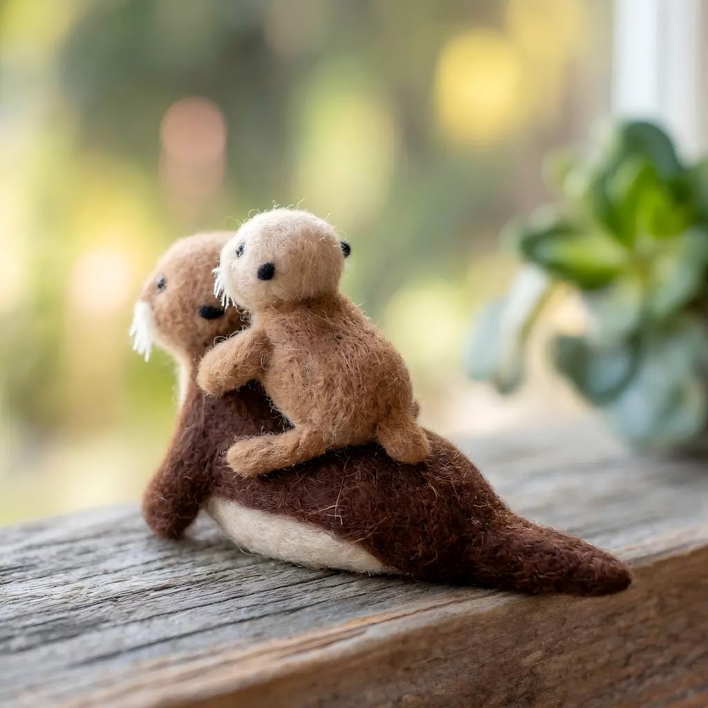 Handcrafted Wool Felt Mother and Baby Sea Otter Figurine