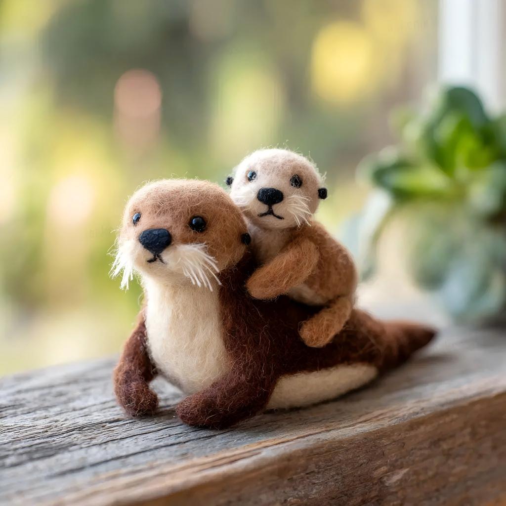 Handcrafted Wool Felt Mother and Baby Sea Otter Figurine