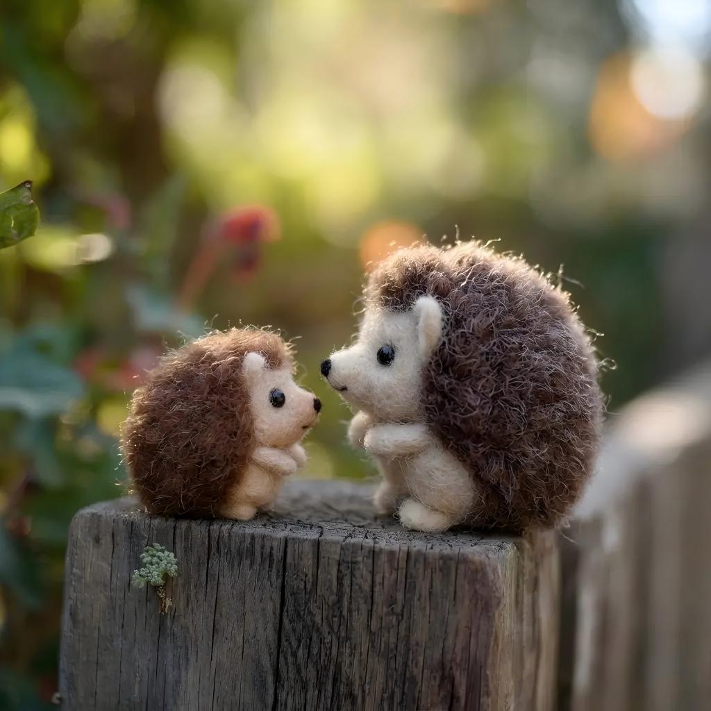 Handcrafted Wool Felt Mother and Baby Hedgehog Set