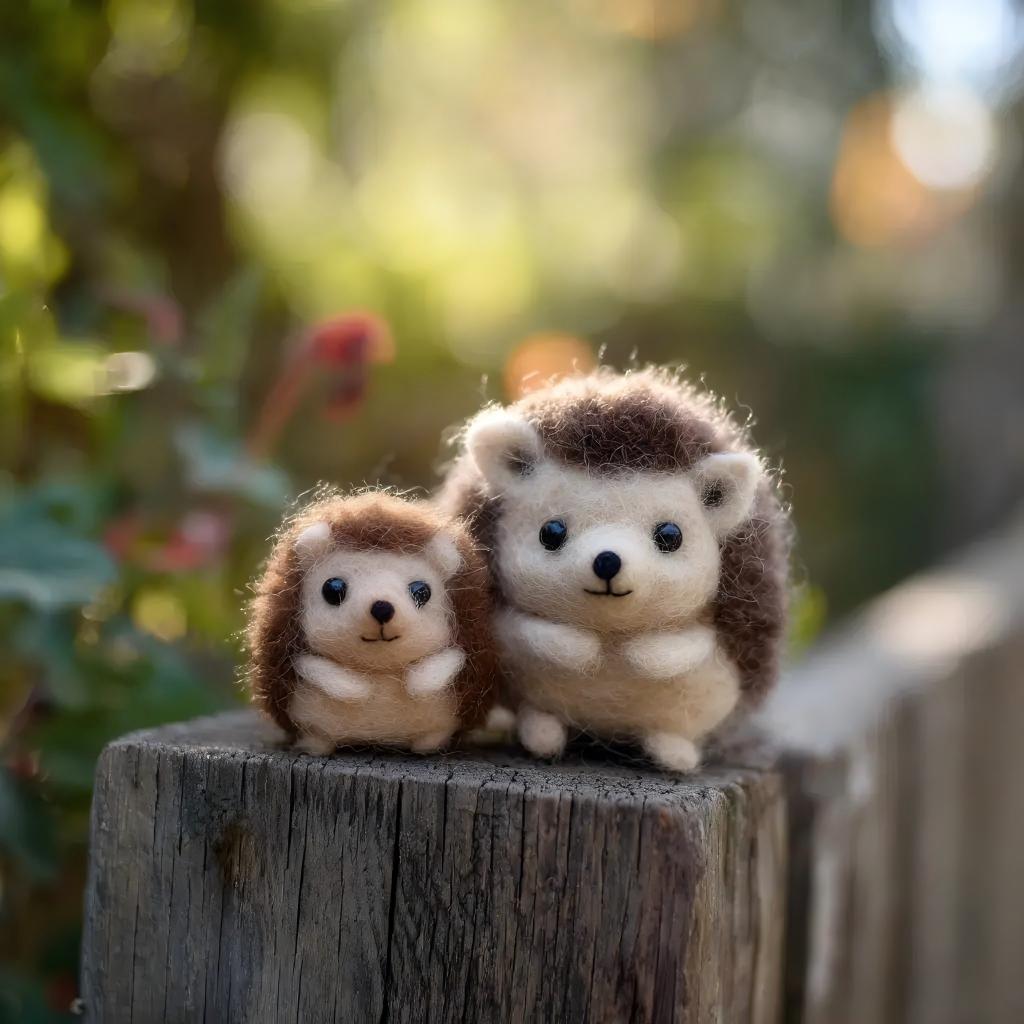 Handcrafted Wool Felt Mother and Baby Hedgehog Set