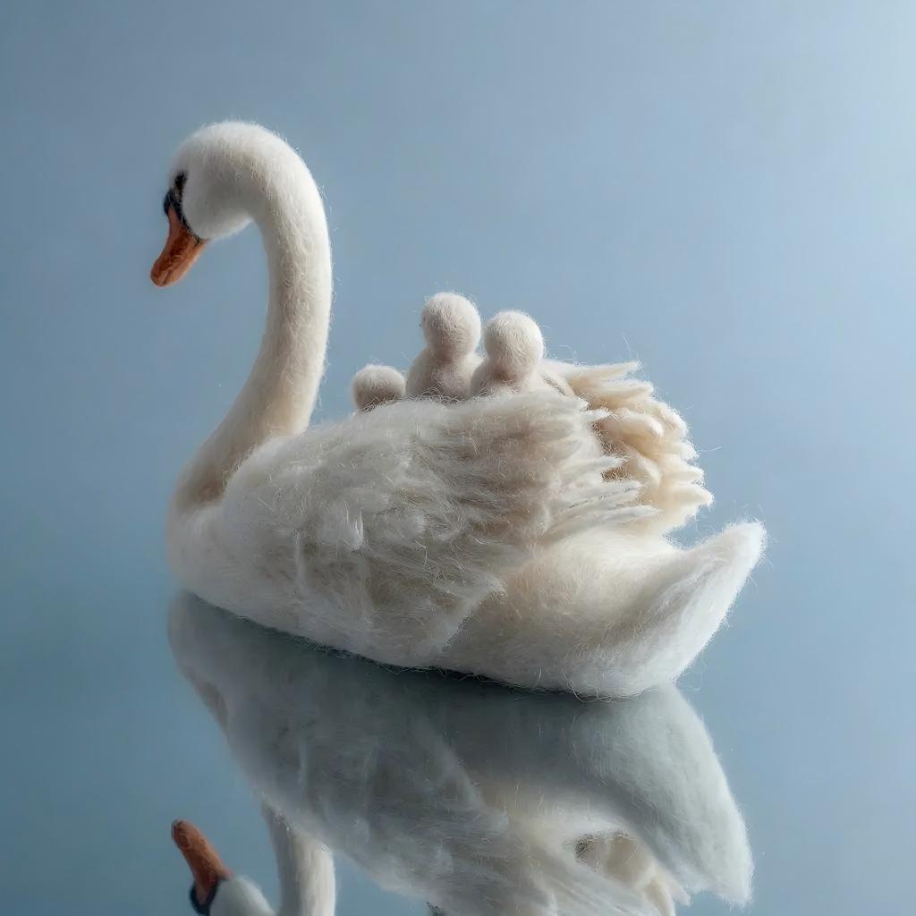Handcrafted Wool Felt Mother Swan and Cygnets Sculpture