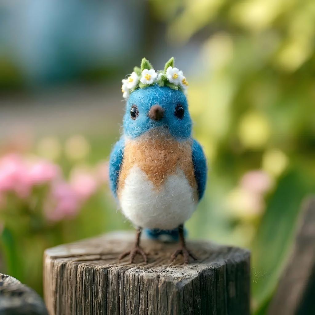 Handcrafted Wool Felt Bluebird with Flower Crown Figurine