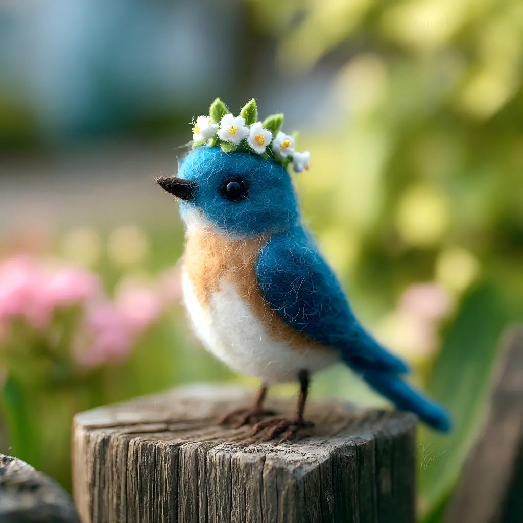 Handcrafted Wool Felt Bluebird with Flower Crown Figurine