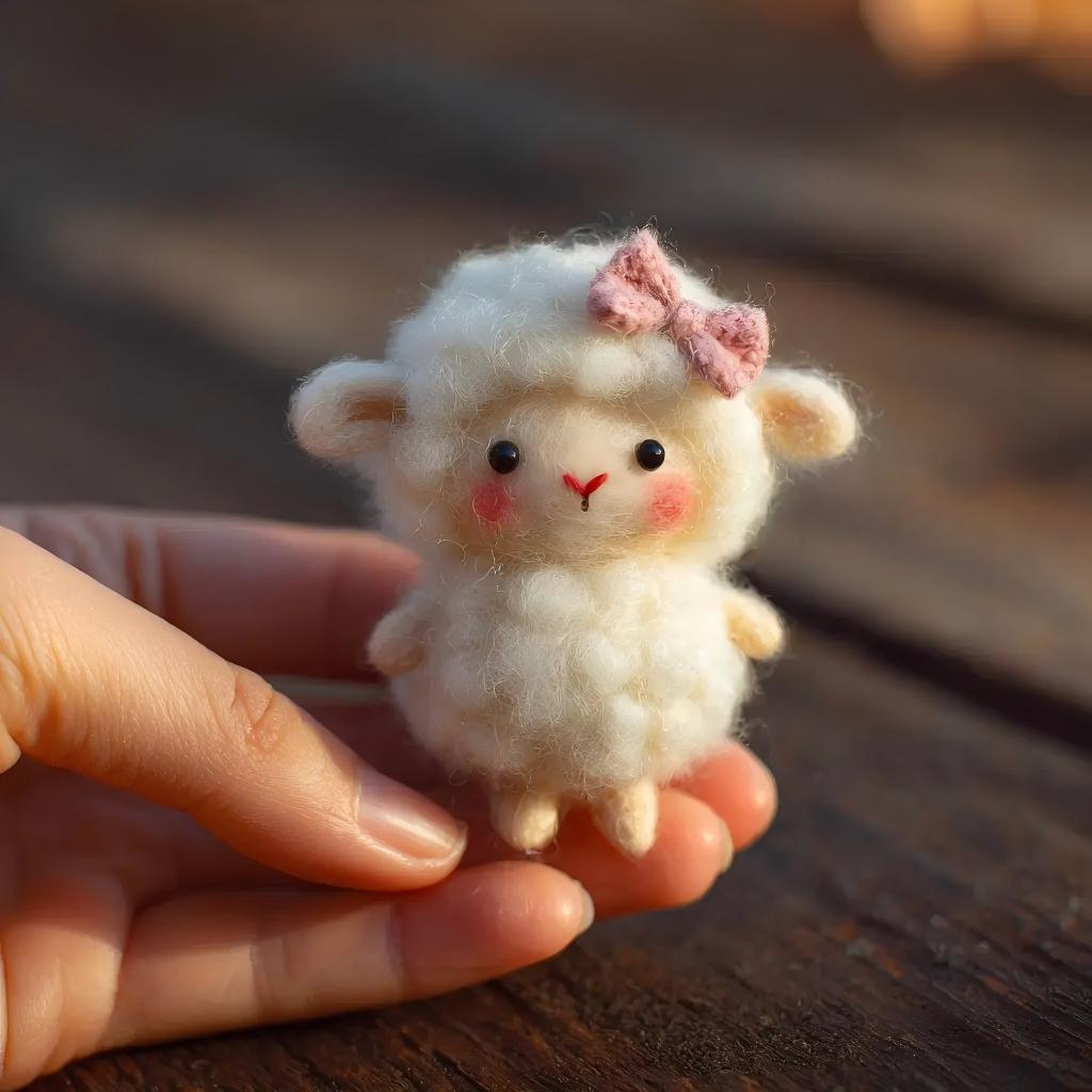 Felt Sweet Lamb Figurine with Pink Bow