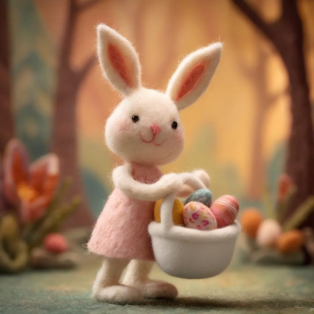 Felt Easter Bunny Figurine with Pink Dress and Basket