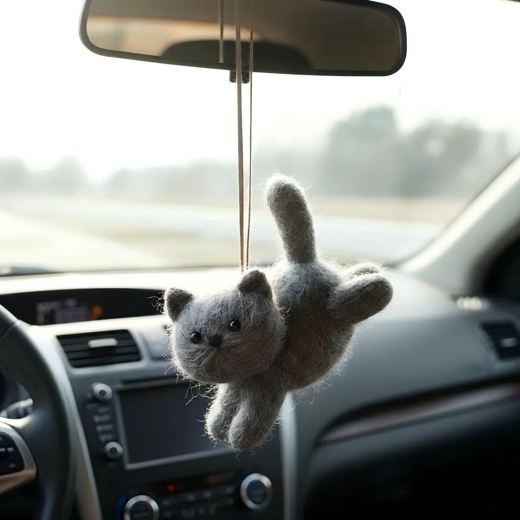 Felt Leaping Grey Cat Car Mirror Ornament Pendant