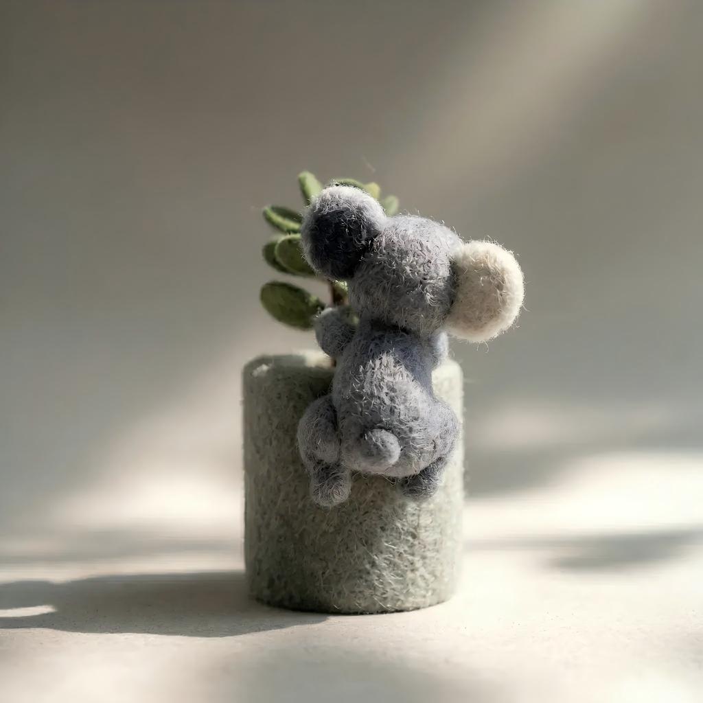 Handcrafted Wool Felt Koala and Potted Plant Figurine