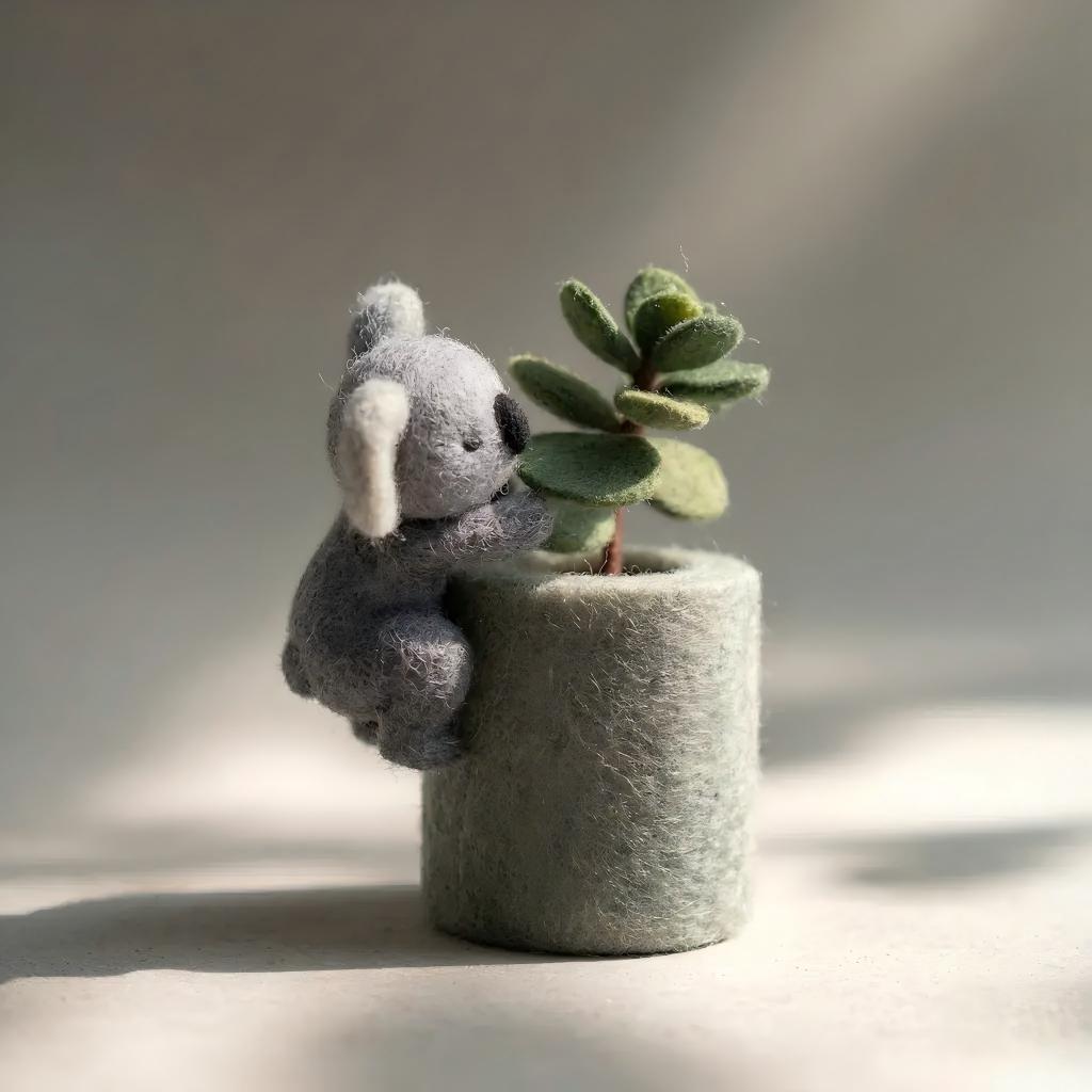 Handcrafted Wool Felt Koala and Potted Plant Figurine
