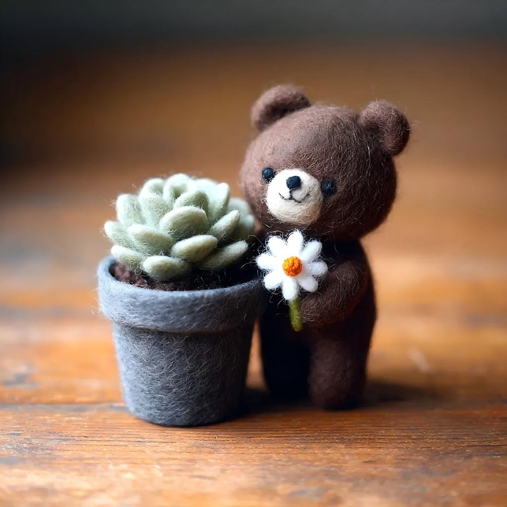 Handcrafted Wool Felt Bear and Succulent Figurine