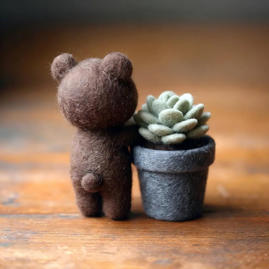 Handcrafted Wool Felt Bear and Succulent Figurine
