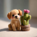 Handcrafted Wool Felt Puppy and Blooming Cactus Figurine