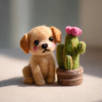 Handcrafted Wool Felt Puppy and Blooming Cactus Figurine