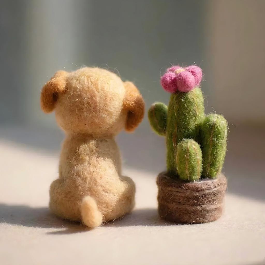 Handcrafted Wool Felt Puppy and Blooming Cactus Figurine