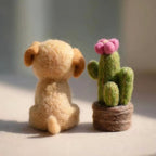 Handcrafted Wool Felt Puppy and Blooming Cactus Figurine