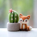 Handcrafted Wool Felt Fox and Cactus Figurine