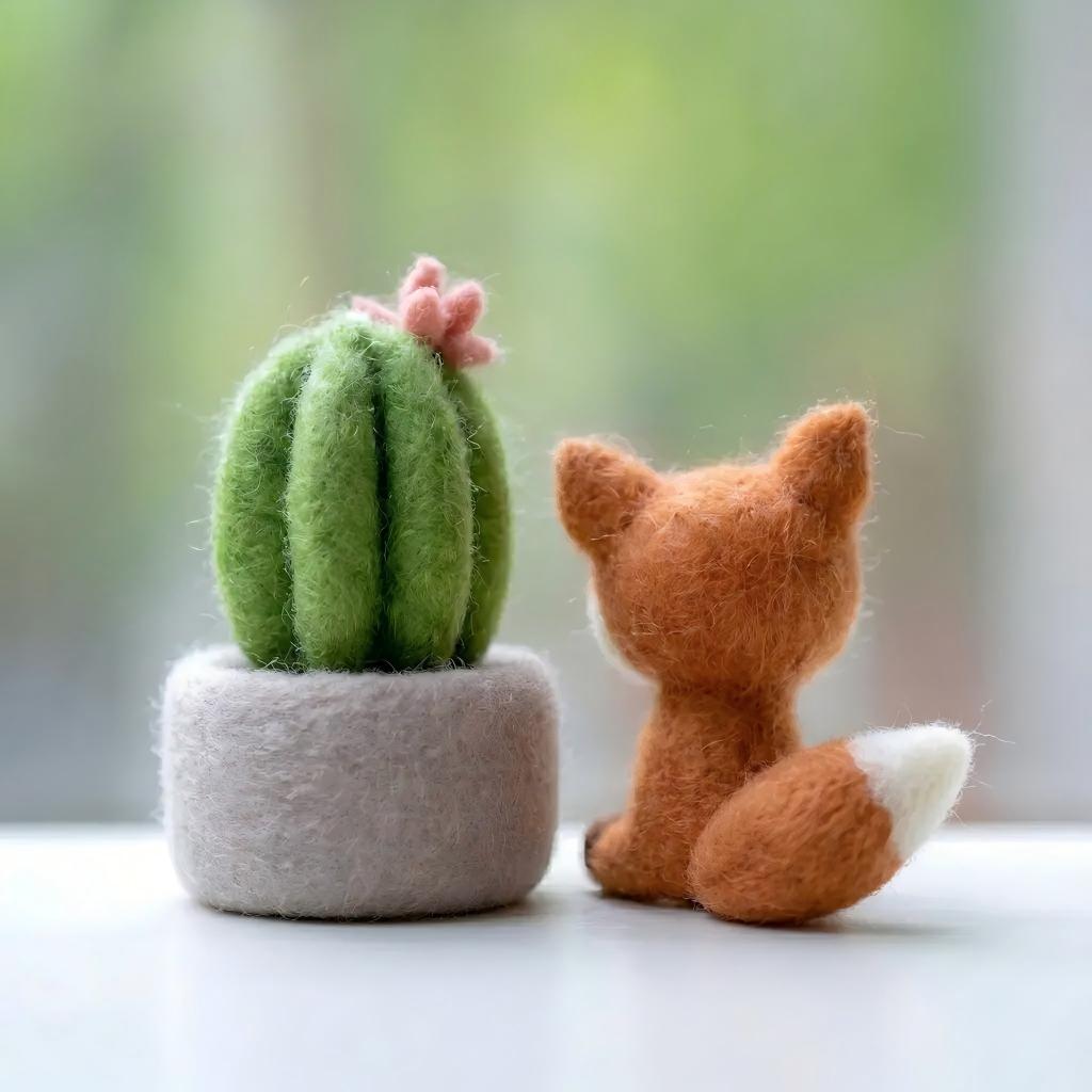 Handcrafted Wool Felt Fox and Cactus Figurine