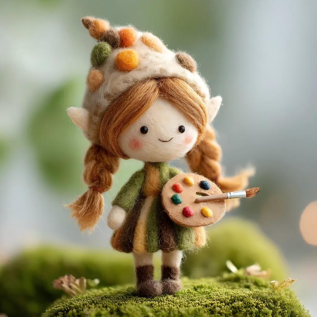 Handcrafted Wool Felt Artist Elf Girl Figurine