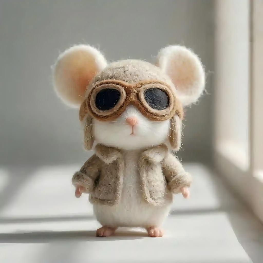 Handcrafted Wool Felt Aviator Mouse Figurine
