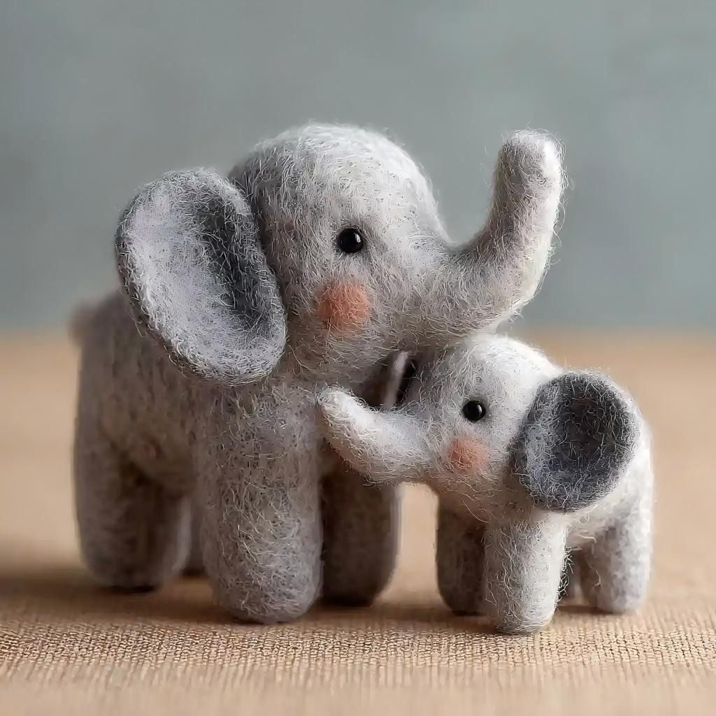 Handcrafted Wool Felt Lucky Mother and Baby Elephant Set