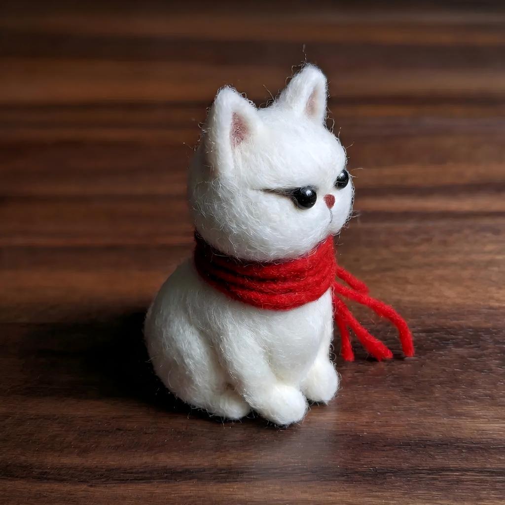 Handcrafted Felt Grumpy White Cat with Red Scarf