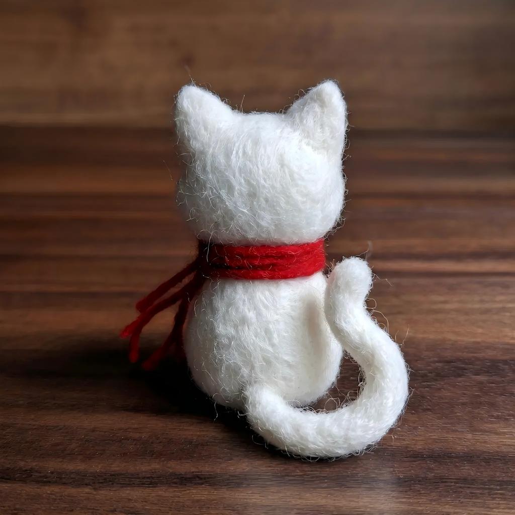Handcrafted Felt Grumpy White Cat with Red Scarf