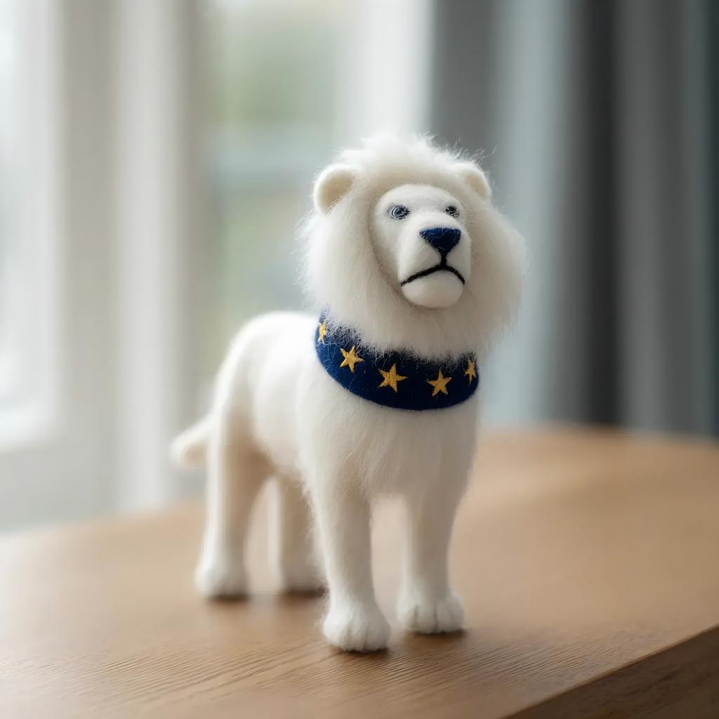 Handcrafted Felt White Lion with Star Collar