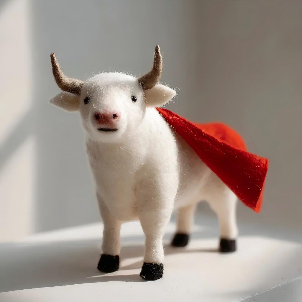 Handcrafted Felt Red Cape Warrior White Bull Desk Figurine