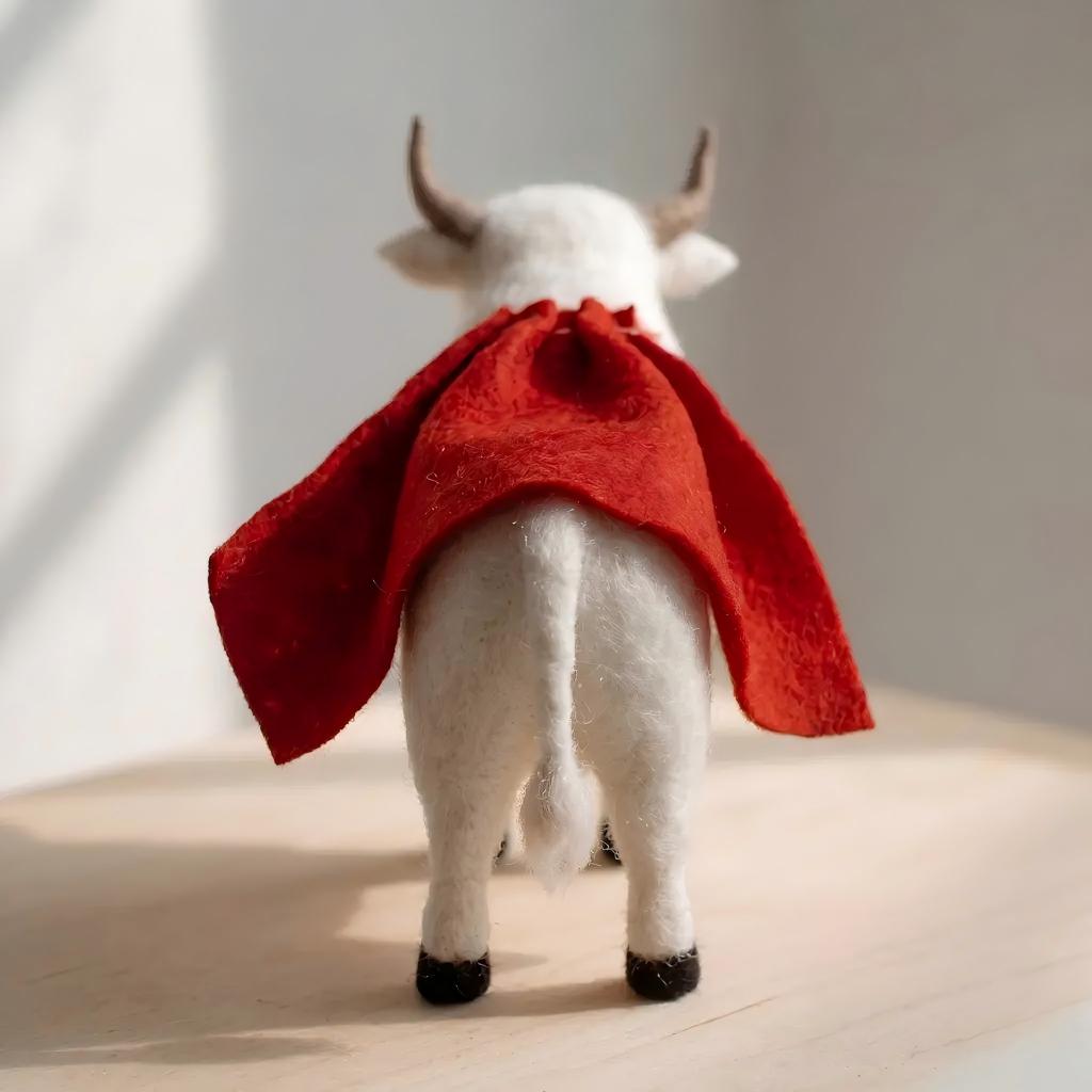 Handcrafted Felt Red Cape Warrior White Bull Desk Figurine