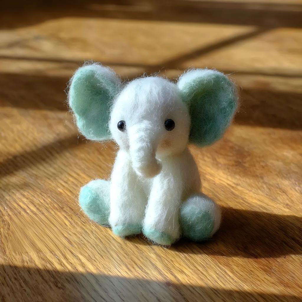 Handcrafted Felt Cream White and Mint Green Elephant Desk Figurine