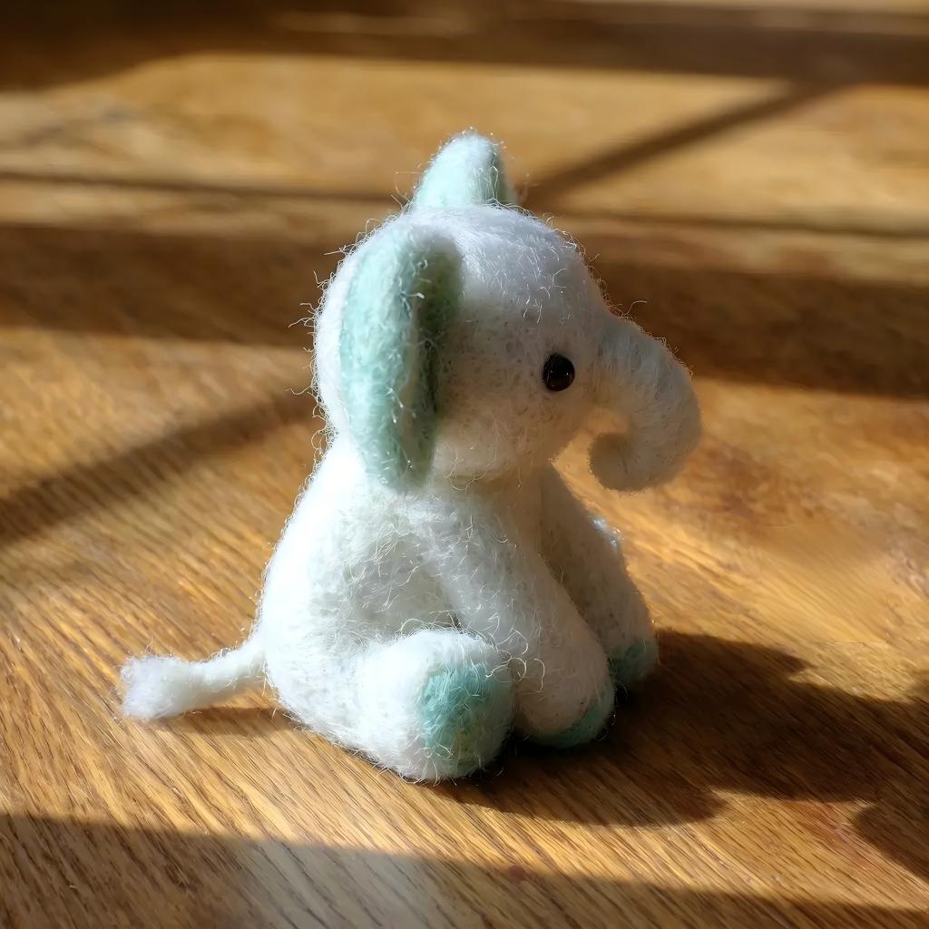 Handcrafted Felt Cream White and Mint Green Elephant Desk Figurine