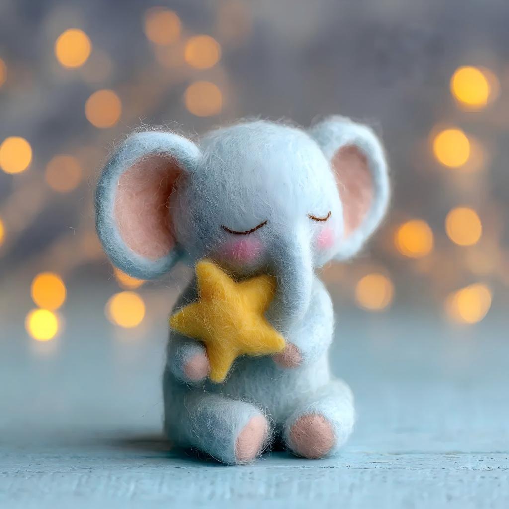 Handcrafted Felt Sleeping Baby Elephant Holding Star Figurine