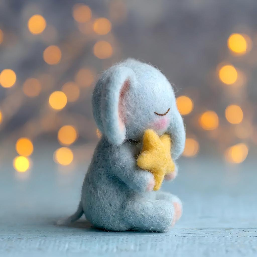 Handcrafted Felt Sleeping Baby Elephant Holding Star Figurine