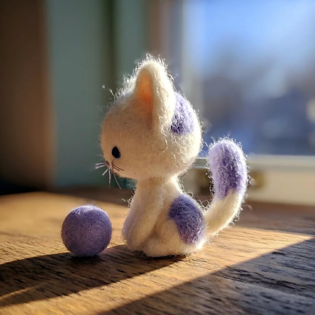 Handcrafted Felt Purple Spotted White Cat and Yarn Ball Figurine