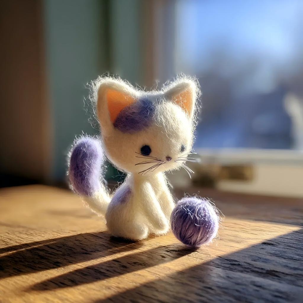 Handcrafted Felt Purple Spotted White Cat and Yarn Ball Figurine