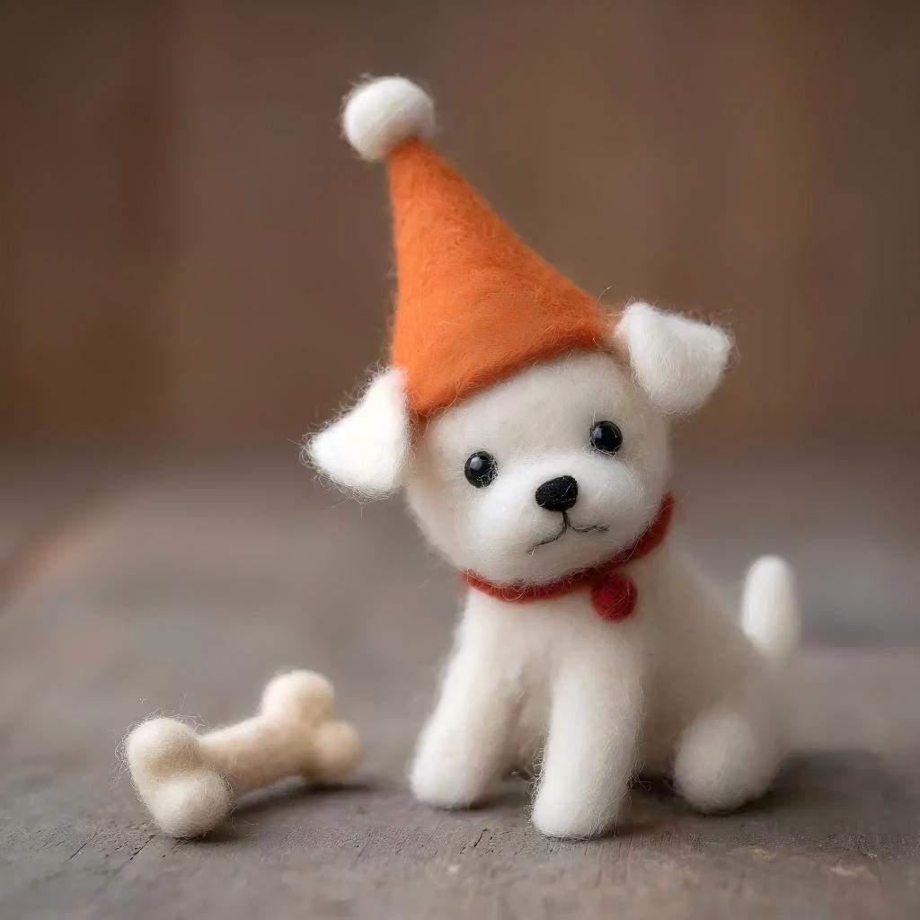 Handcrafted Felt "Party Elf" White Puppy with Bone Desk Figurine