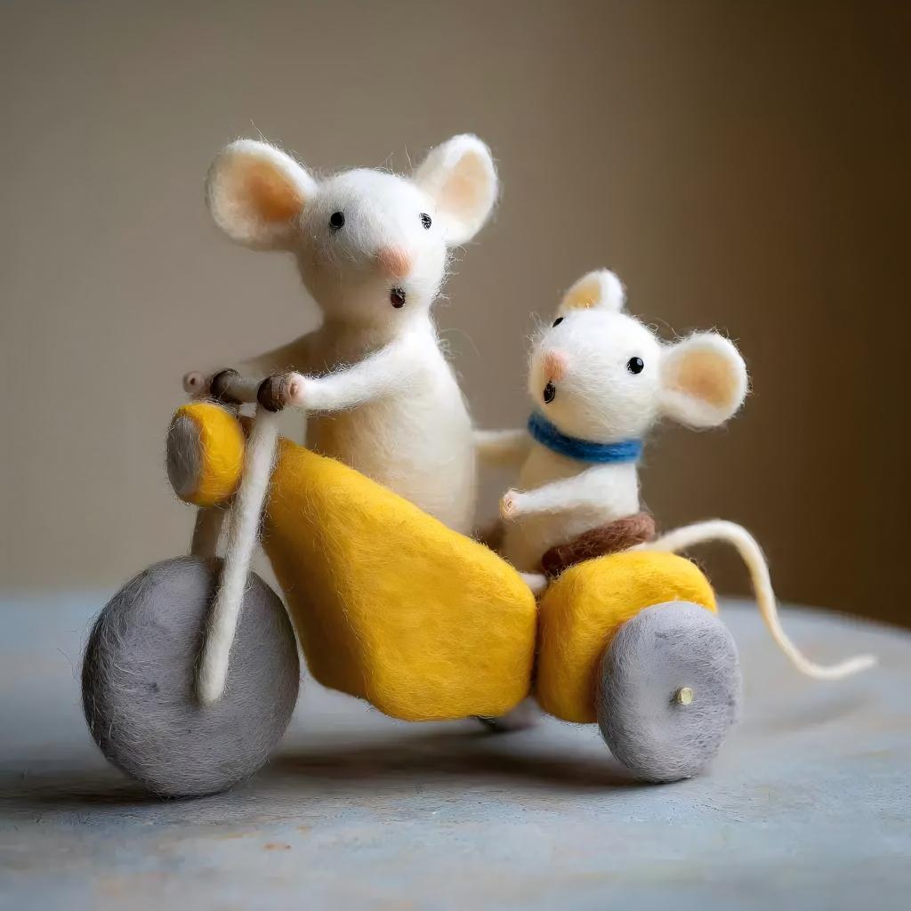 Handcrafted Felt "Adventurous Travelers" Mice on Motorcycle Desk Figurine