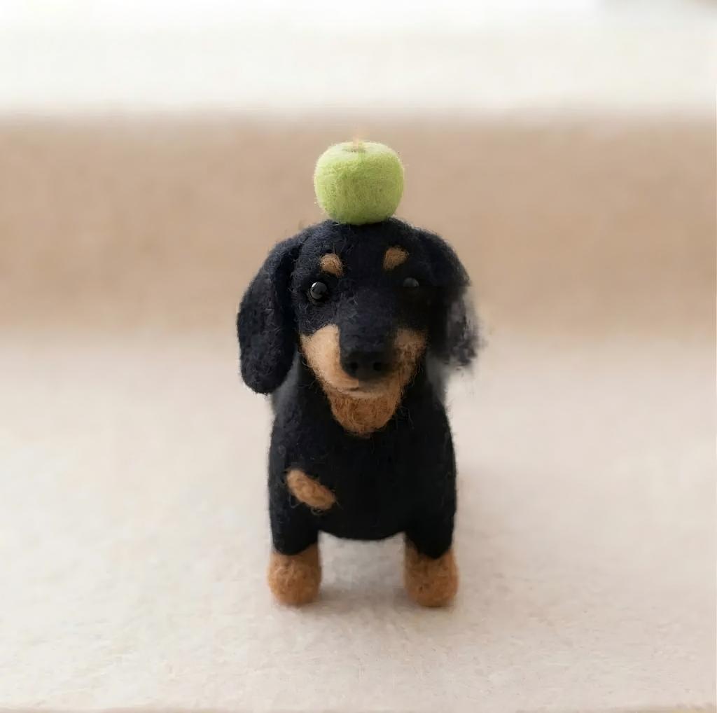 Handcrafted Wool Felt Dachshund with Green Apple Figurine