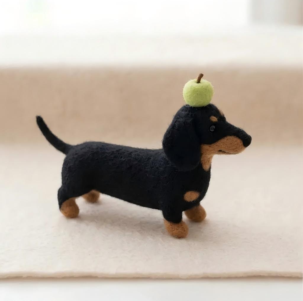 Handcrafted Wool Felt Dachshund with Green Apple Figurine