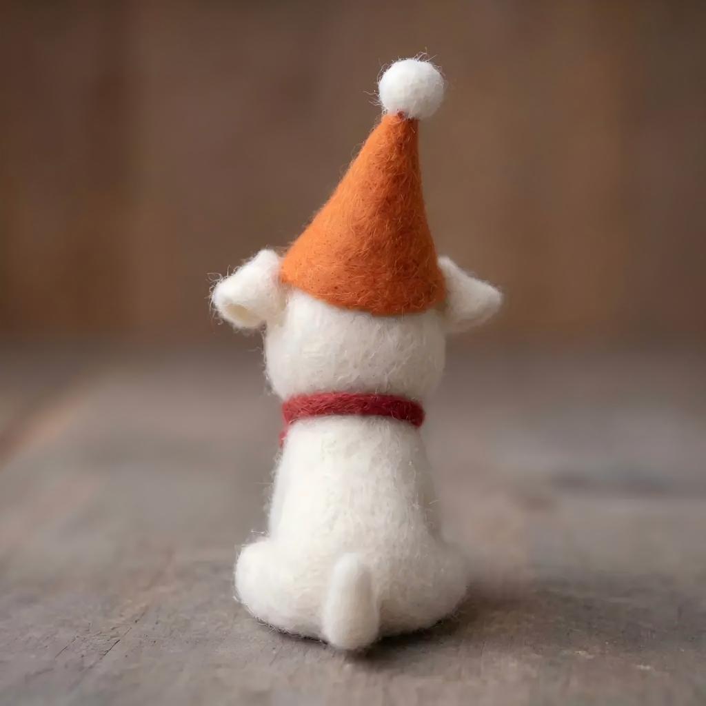 Handcrafted Felt "Party Elf" White Puppy with Bone Desk Figurine
