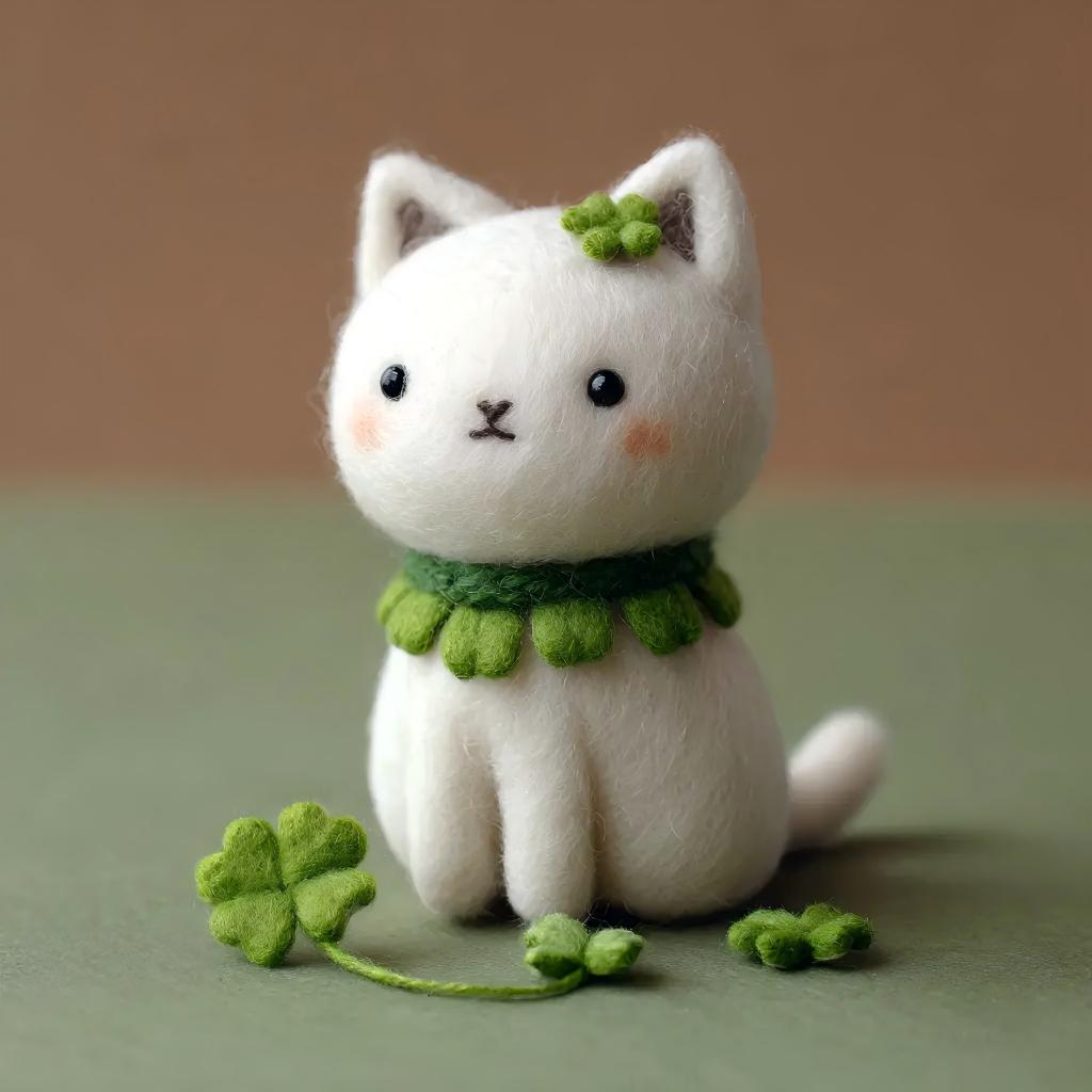 Felt White Cat with Shamrock Collar Figurine