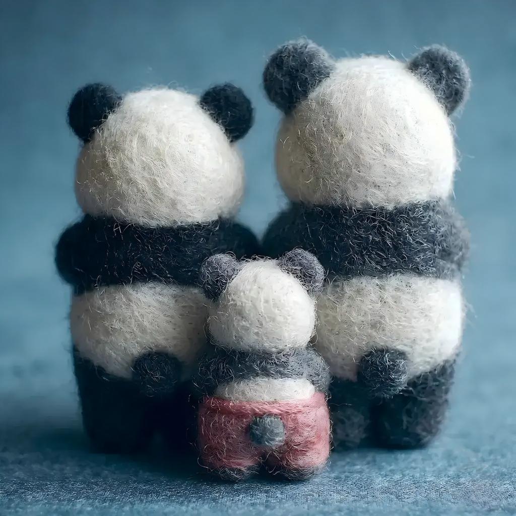 Handcrafted Wool Felt Panda Family Figurine Set