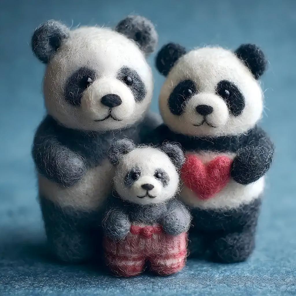 Handcrafted Wool Felt Panda Family Figurine Set