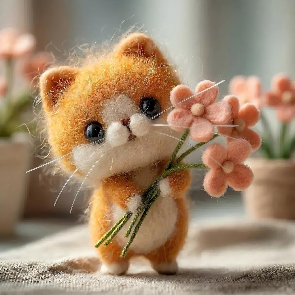Handcrafted Wool Felt Ginger Cat with Pink Bouquet Figurine