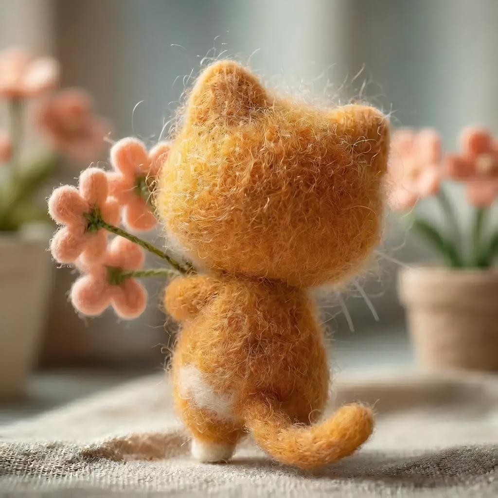 Handcrafted Wool Felt Ginger Cat with Pink Bouquet Figurine