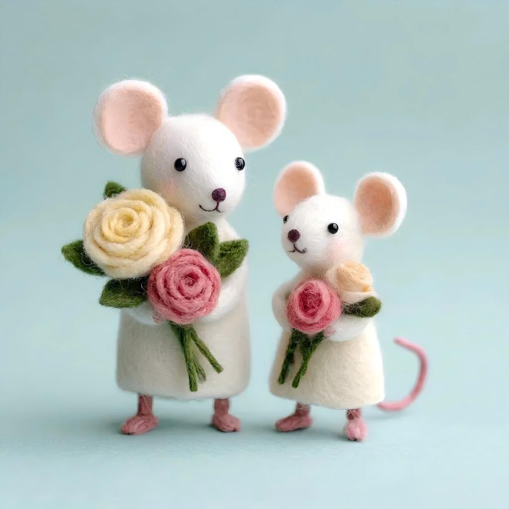 Handcrafted Wool Felt White Mouse and Baby with Roses Set
