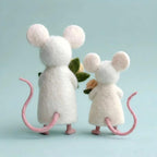 Handcrafted Wool Felt White Mouse and Baby with Roses Set