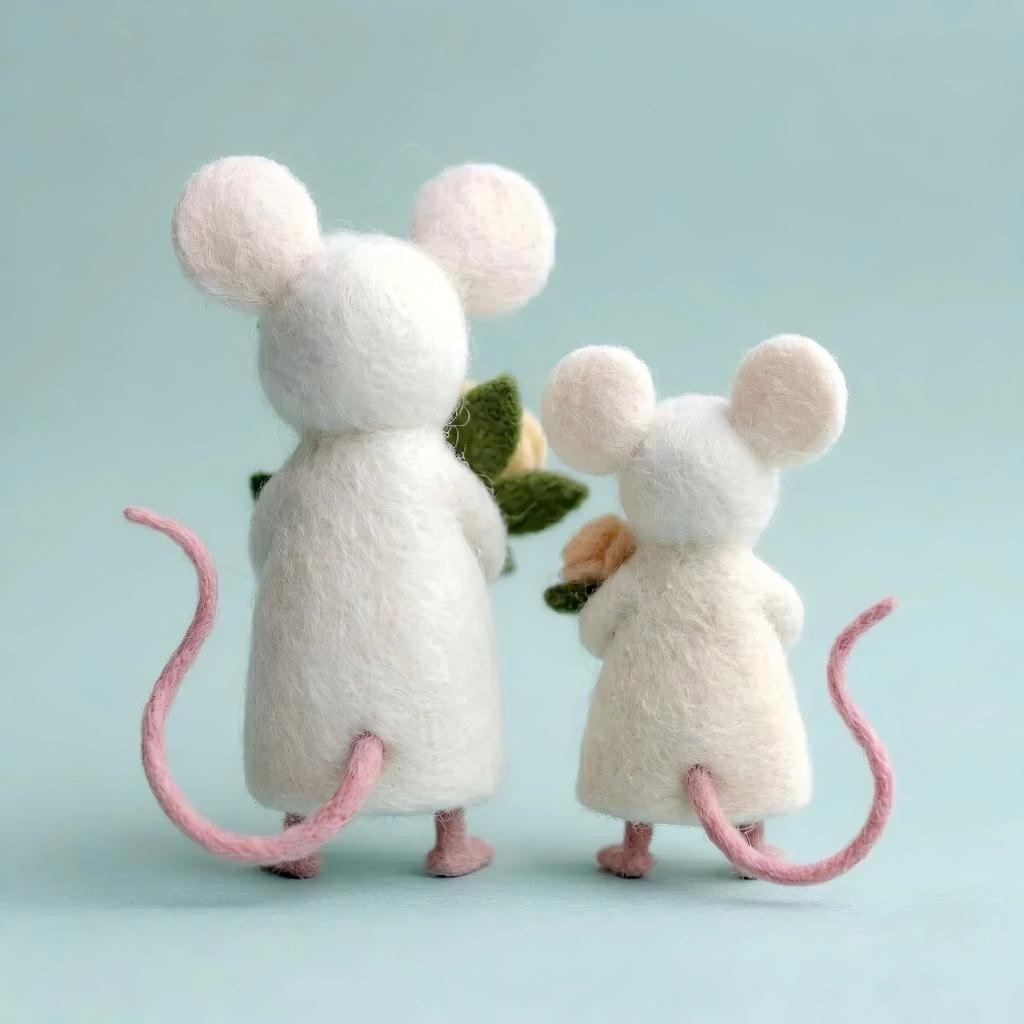 Handcrafted Wool Felt White Mouse and Baby with Roses Set