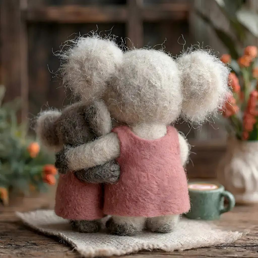 Handcrafted Wool Felt Hugging Koala Mother and Baby Figurine