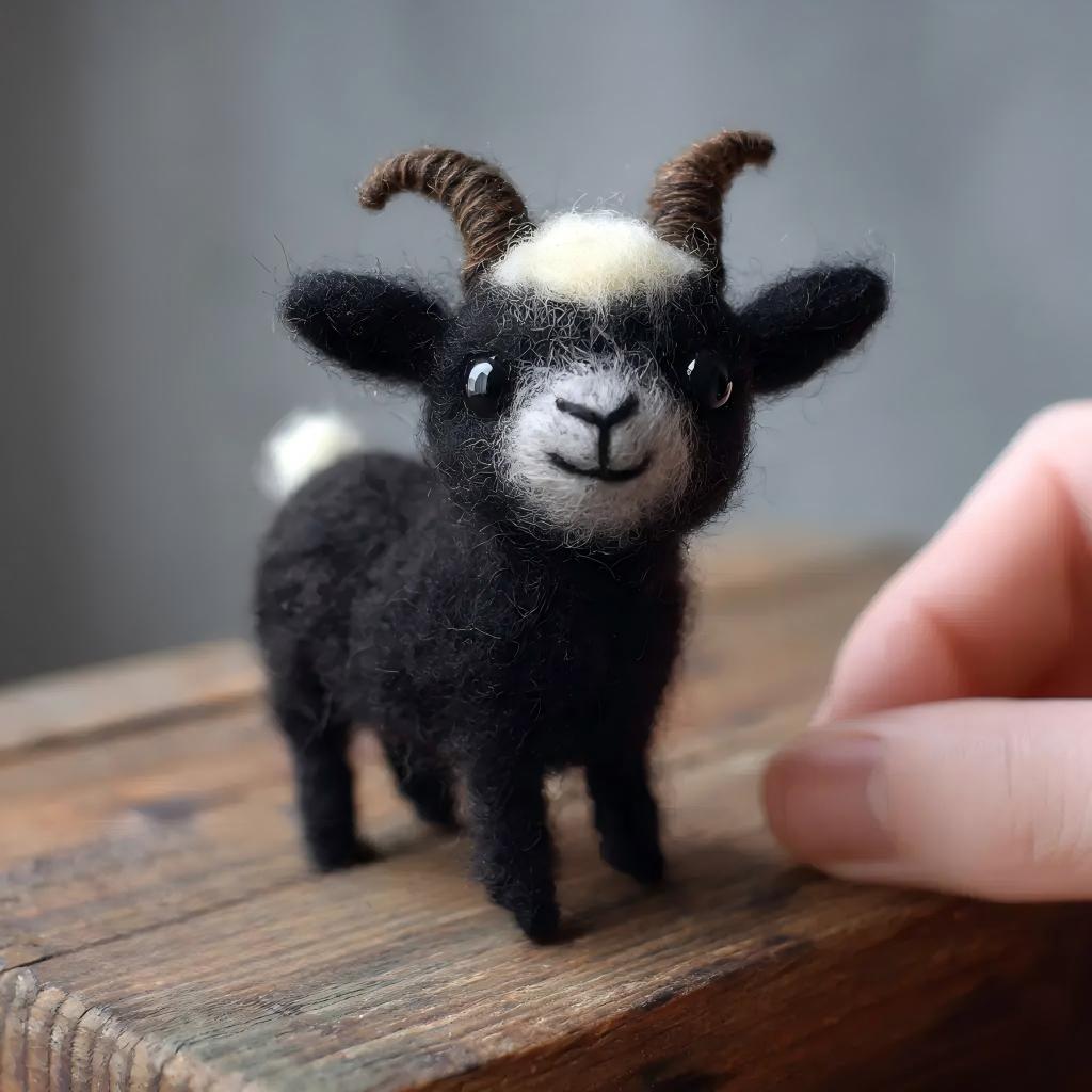 Felt Black Goat with Horns Figurine