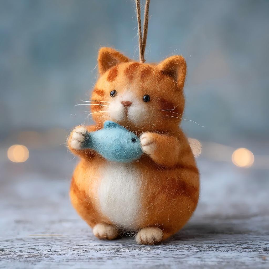 Felt Orange Tabby Cat Blue Fish Ornament